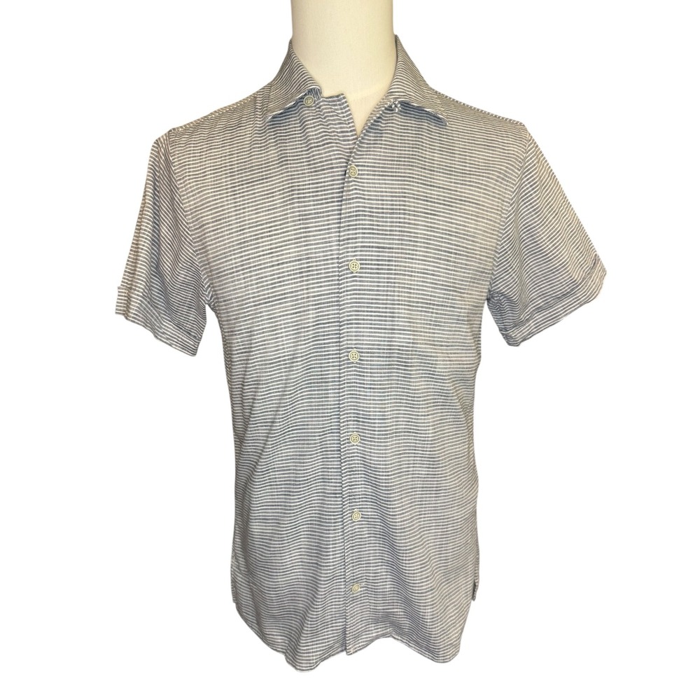 IZOD Mens Blue White Horizontal Striped Short Sleeve Cotton Button Down Shirt S